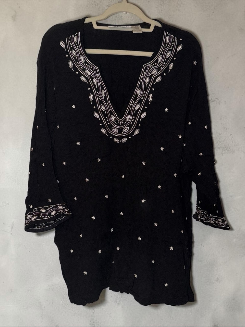 Cathy Daniels Black V-Neck Tunic with White Embroidery